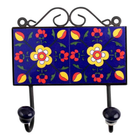 Navy Blue Yellow Floral Tiles Hook